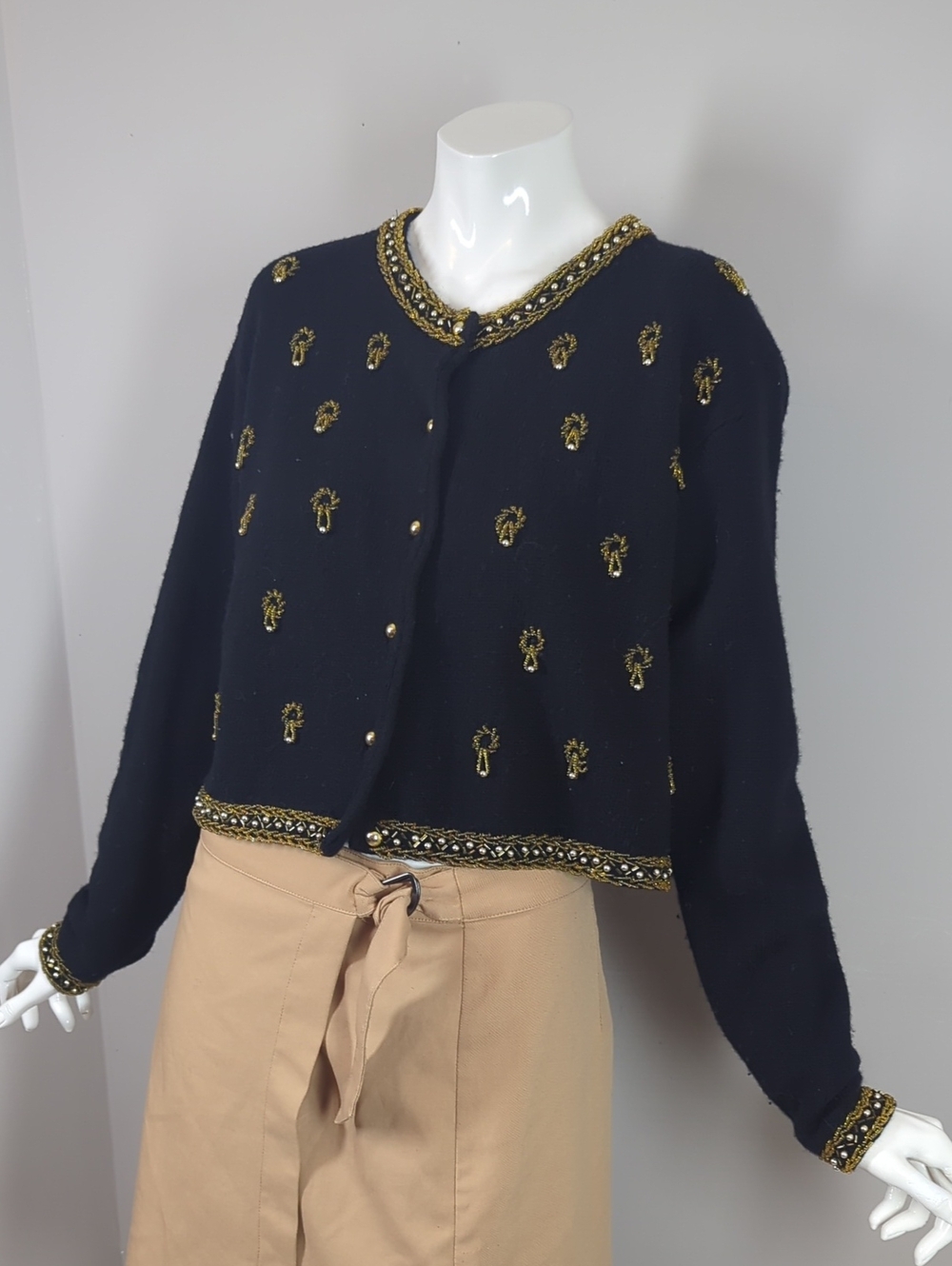 Vintage Lambswool  Cadigan Embellished Black Cropped Sweater Beaded